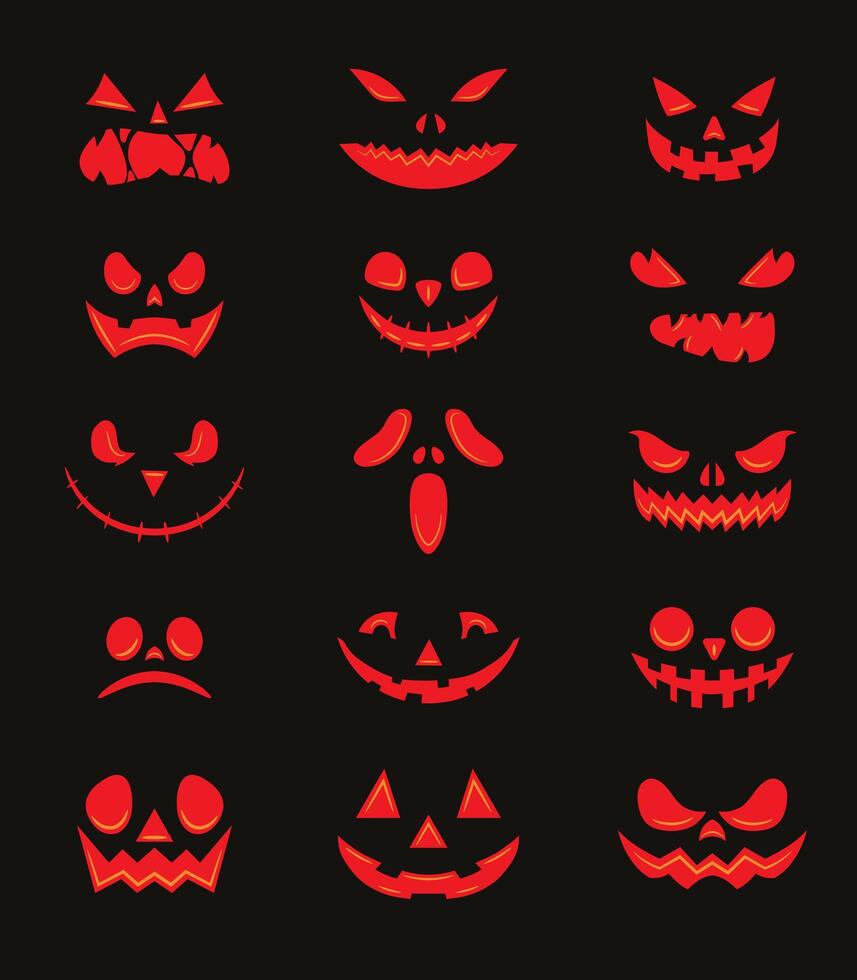 Set of 15 cartoon pumpkin faces showing various emotions. Fun and spooky illustrations for Halloween-themed designs. vector