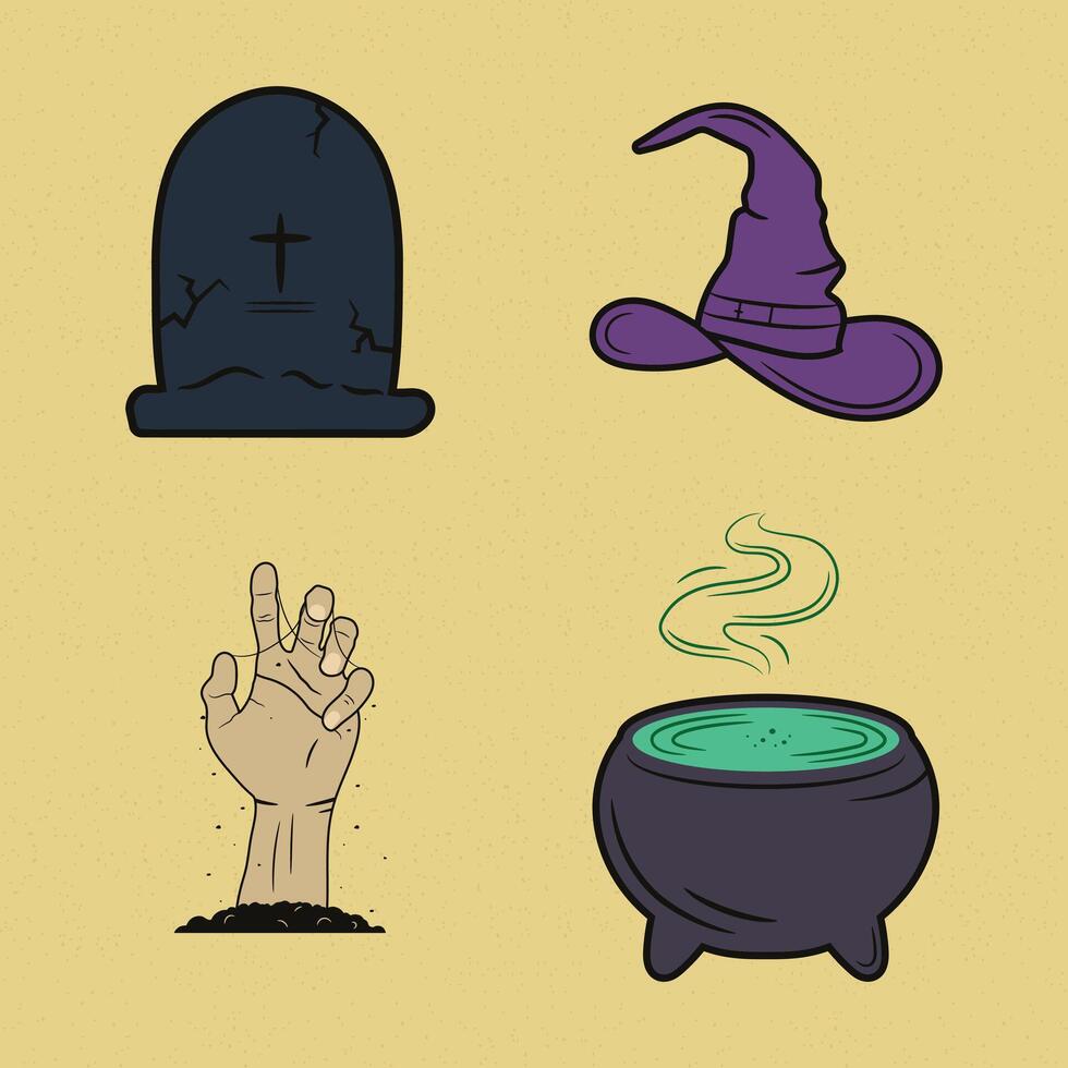 Vintage Halloween set with tombstone, witch hat, hand rising from the ground, and bubbling cauldron. Isolated illustrations perfect for posters, stickers, and spooky designs. vector