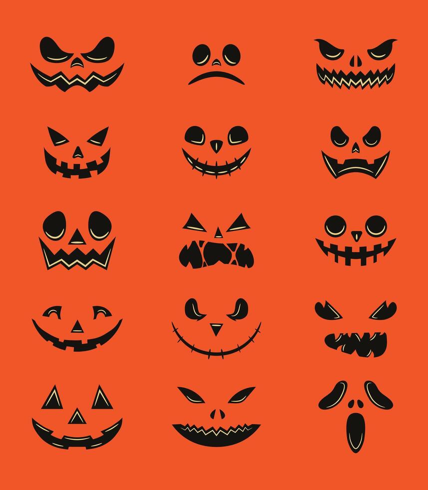 Collection of 15 Halloween pumpkin faces with different emotions cartoon illustration vector