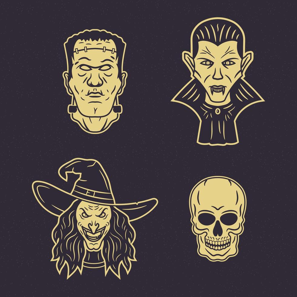 Vintage Halloween character set featuring Frankenstein monster, a vampire, a witch, and a skeleton. Classic spooky designs in isolated style, perfect for logos, posters, stickers, and themed vector