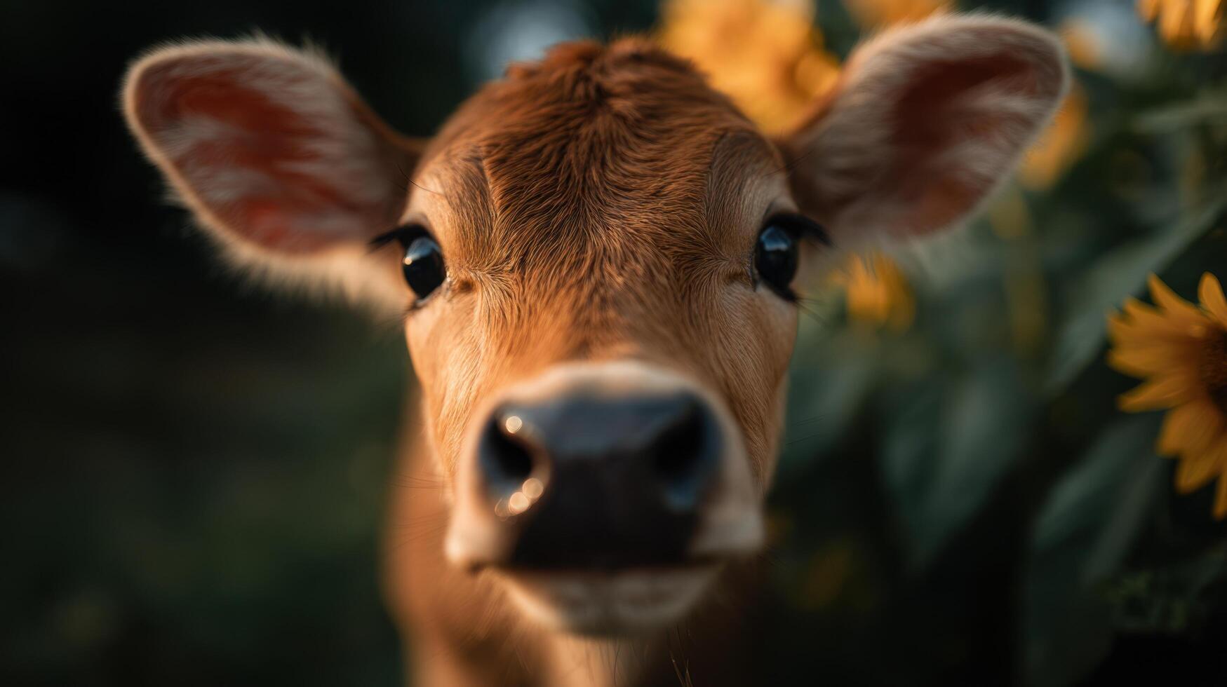 A young farm animal showing interest in a beautiful blooming sunflower photo