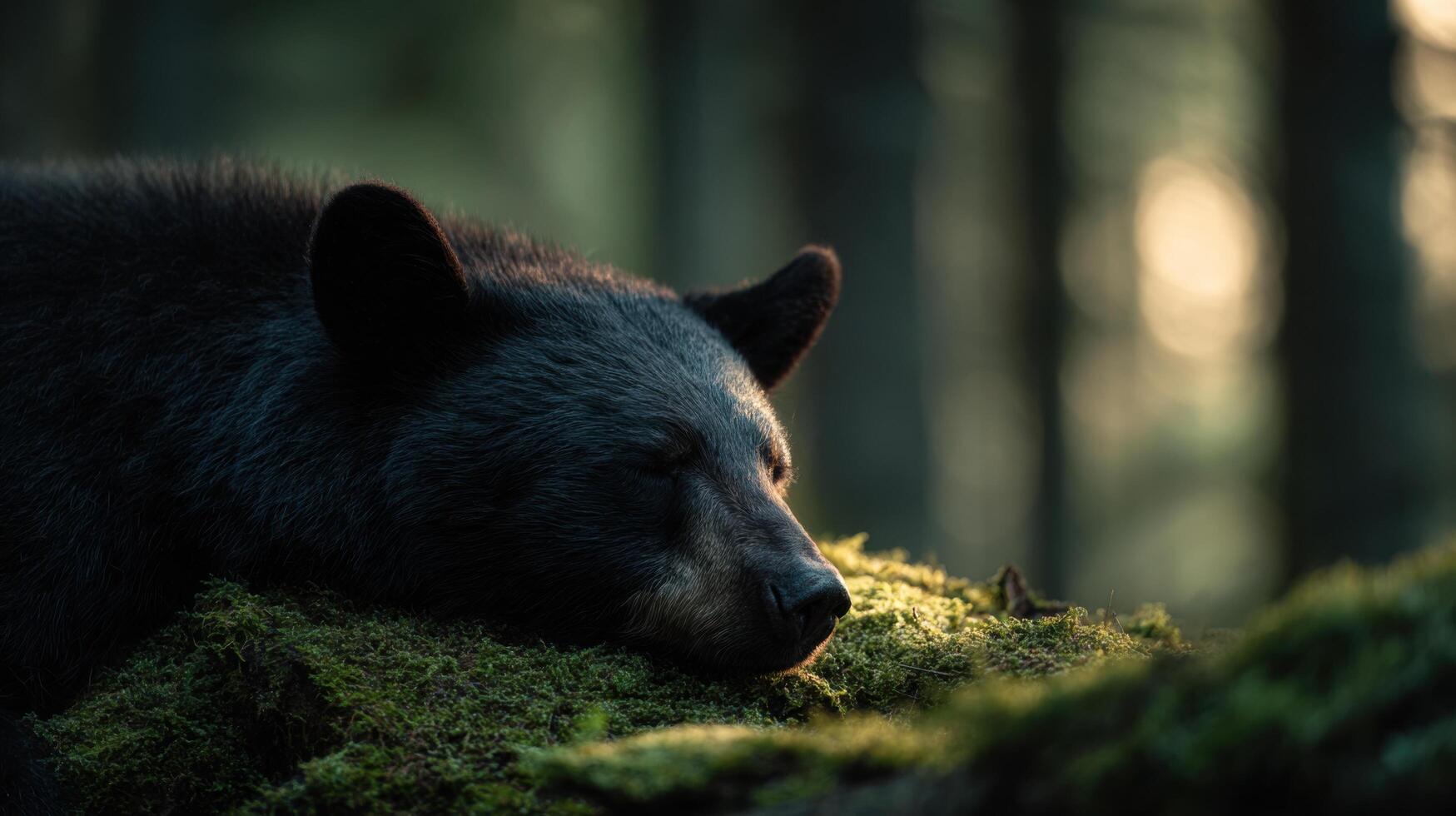 A wild black bear enjoying a peaceful nap on a log in forest photo