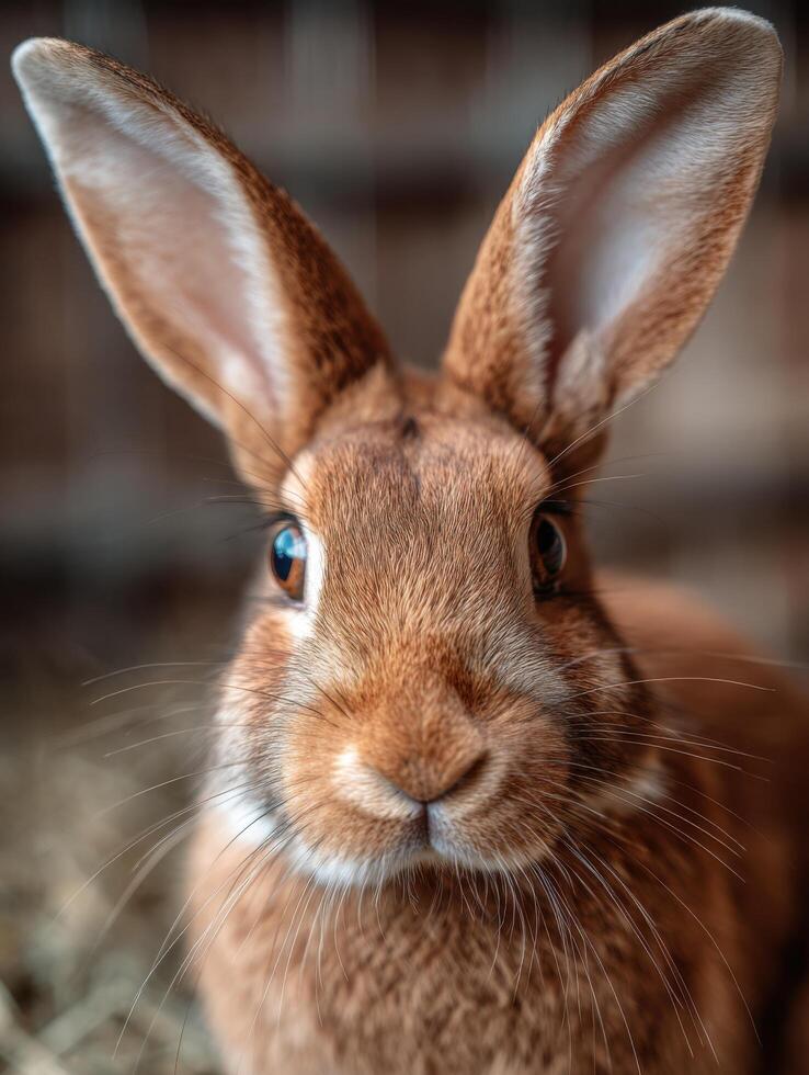 A wild brown rabbit displays clear eyes and a twitching pink nose photo