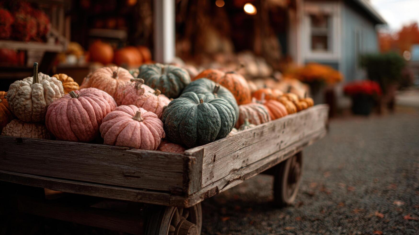 A vintage farm cart piled high with diverse autumn harvest goods photo