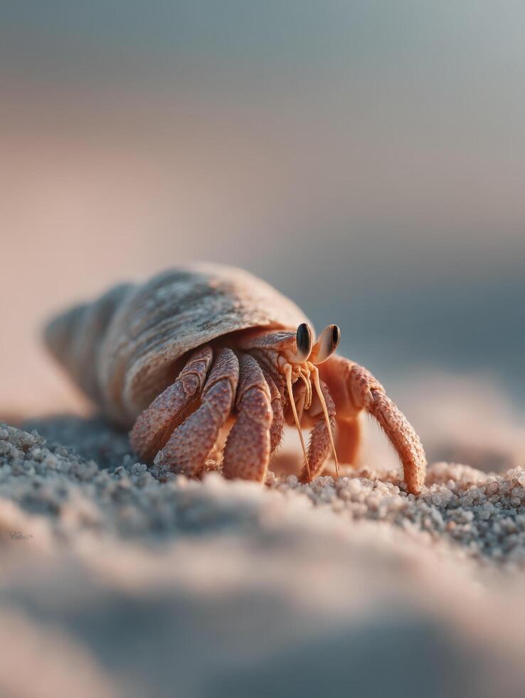 An interested hermit crab with clear view of shell and eyes photo