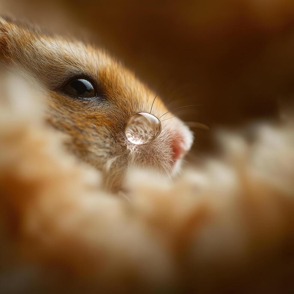 Close up view of a single water drop on fluffy hamster coat photo