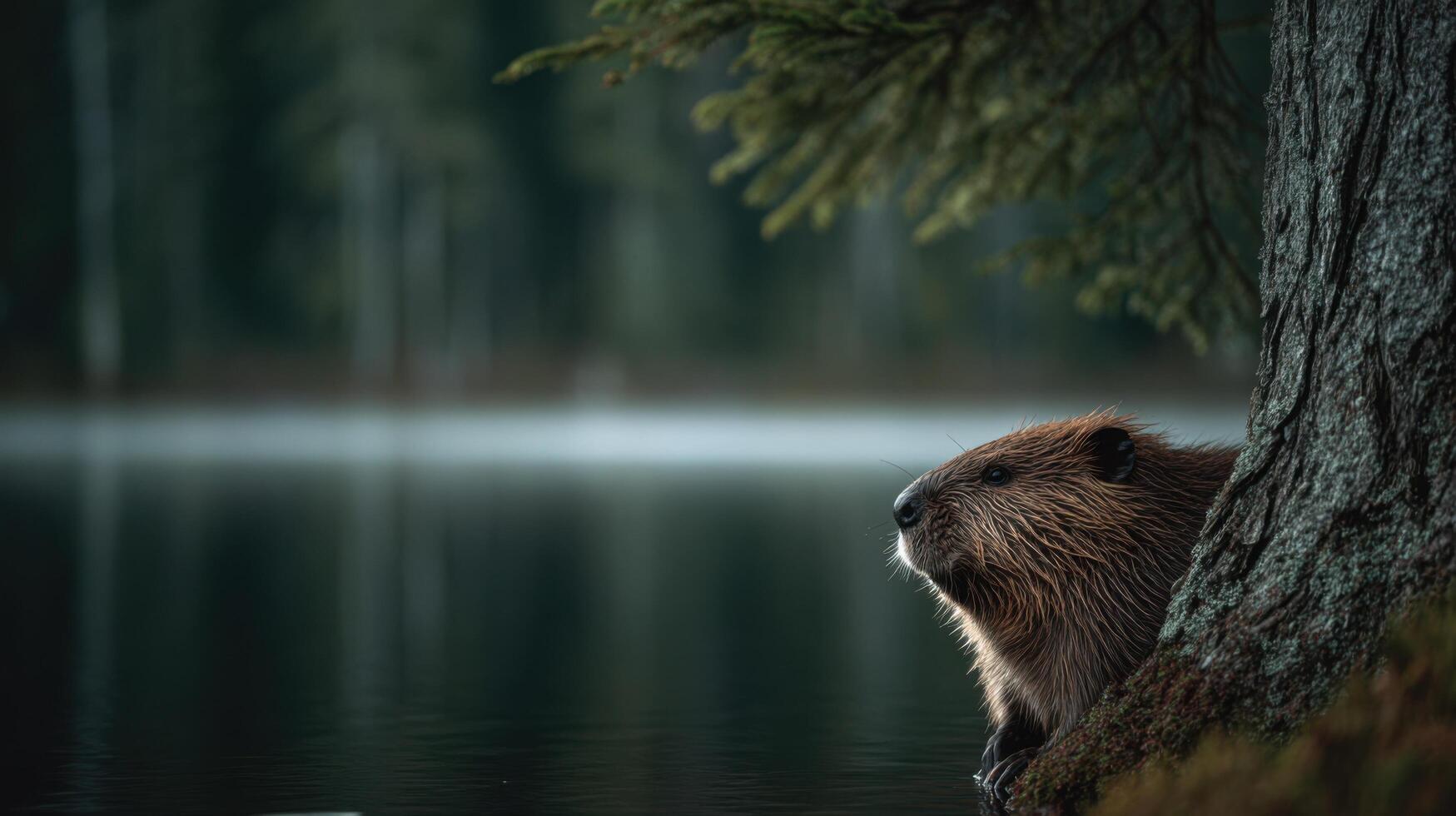 An industrious beaver is seen biting into a thick tree trunk photo