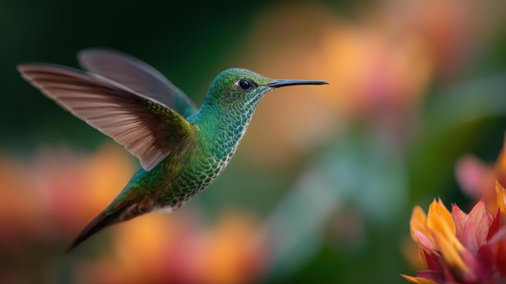 Beautiful Hummingbird Sips Nectar From Lush Tropical Flower photo