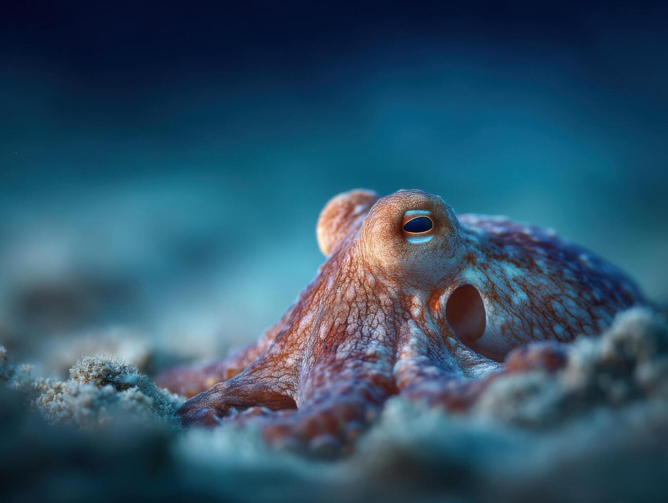 An interested octopus using camouflage skills on ocean floor photo