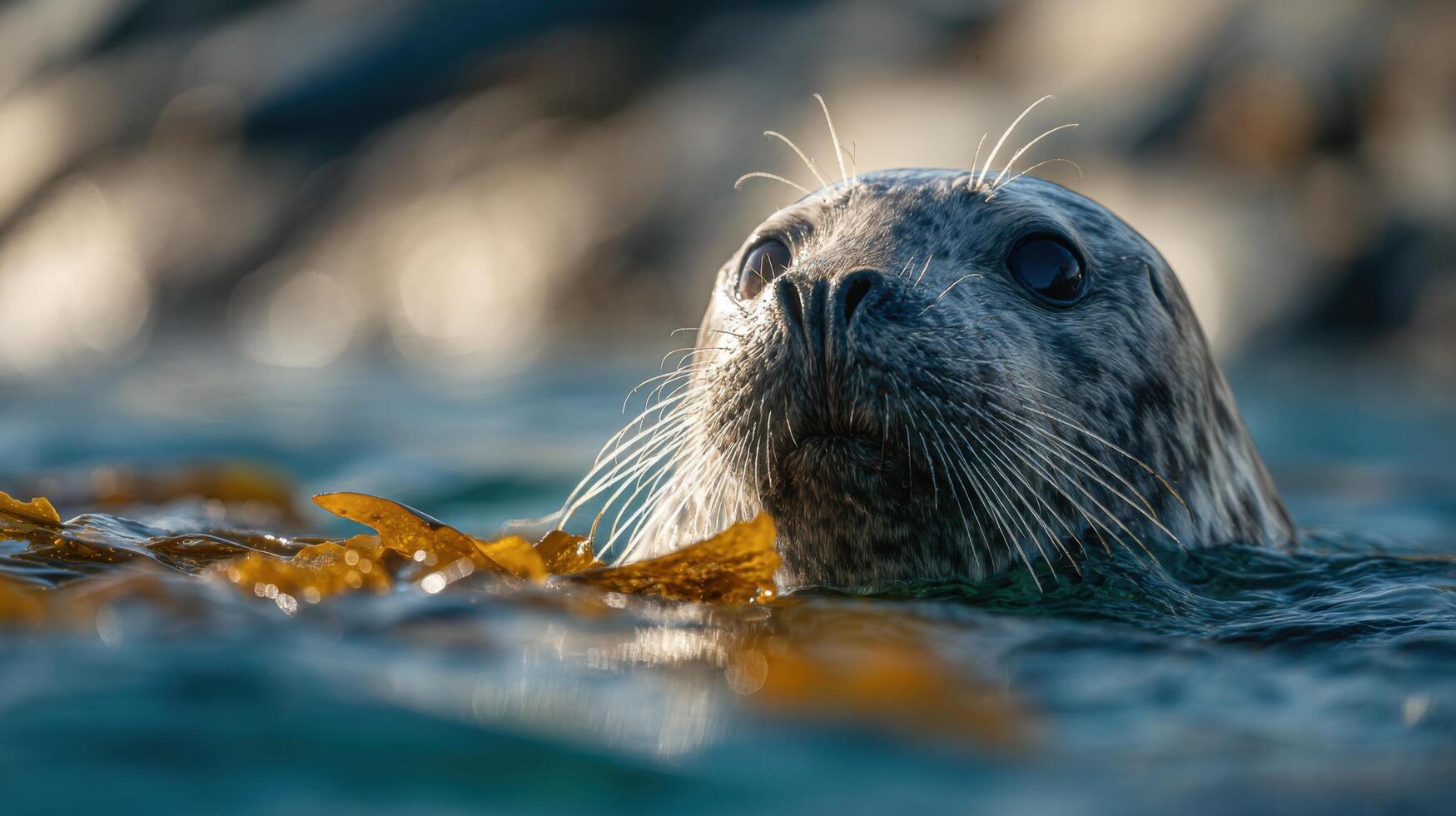 An interested seal has fun with a strand of marine kelp photo