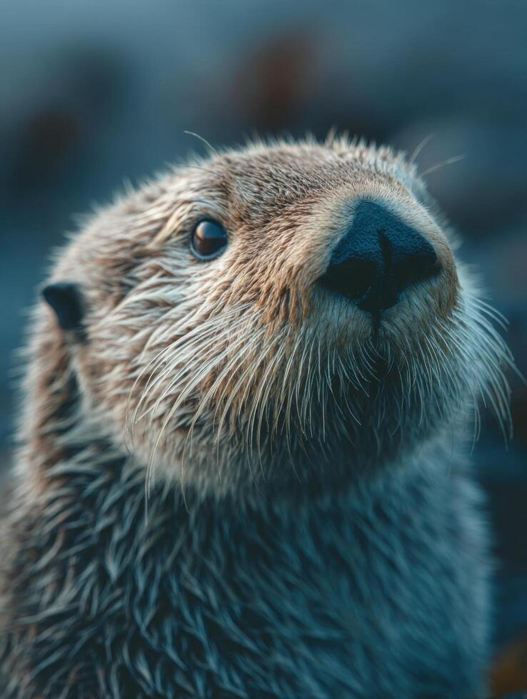 An interested sea otter tends to its wet fur with care photo