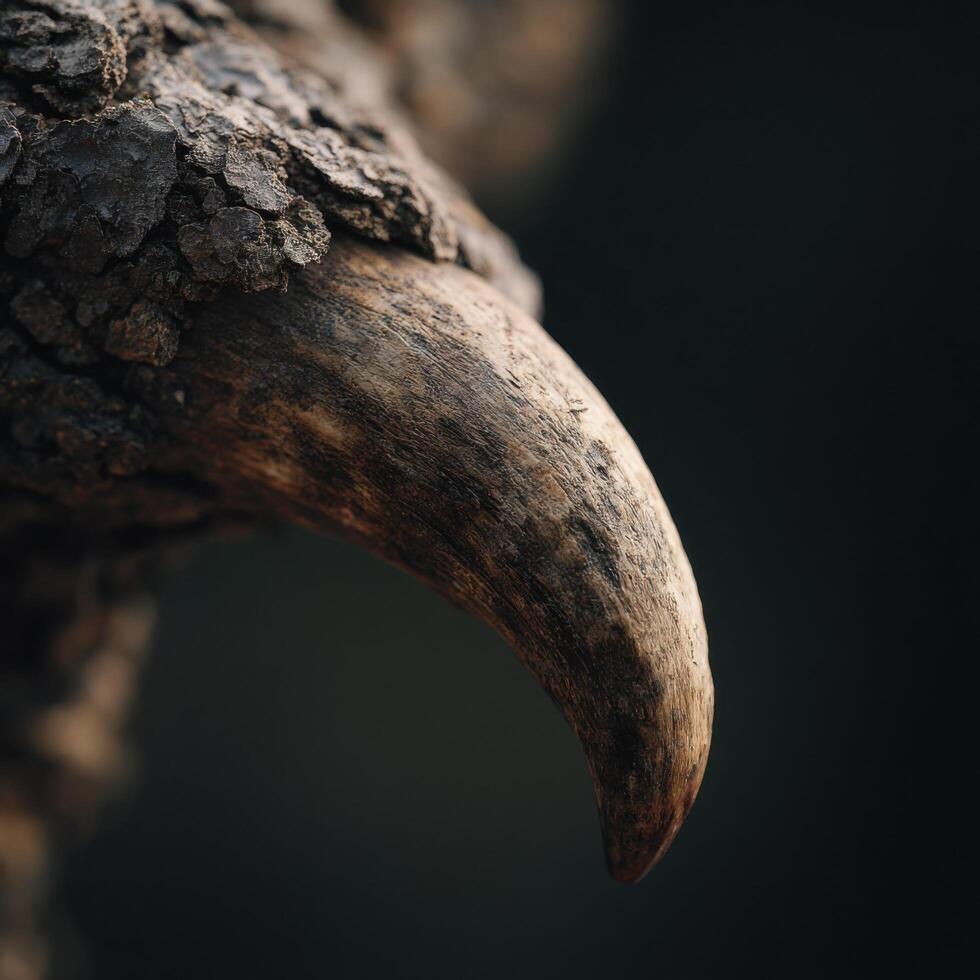 Close up view bark residue clinging onto a strong boar tusk photo