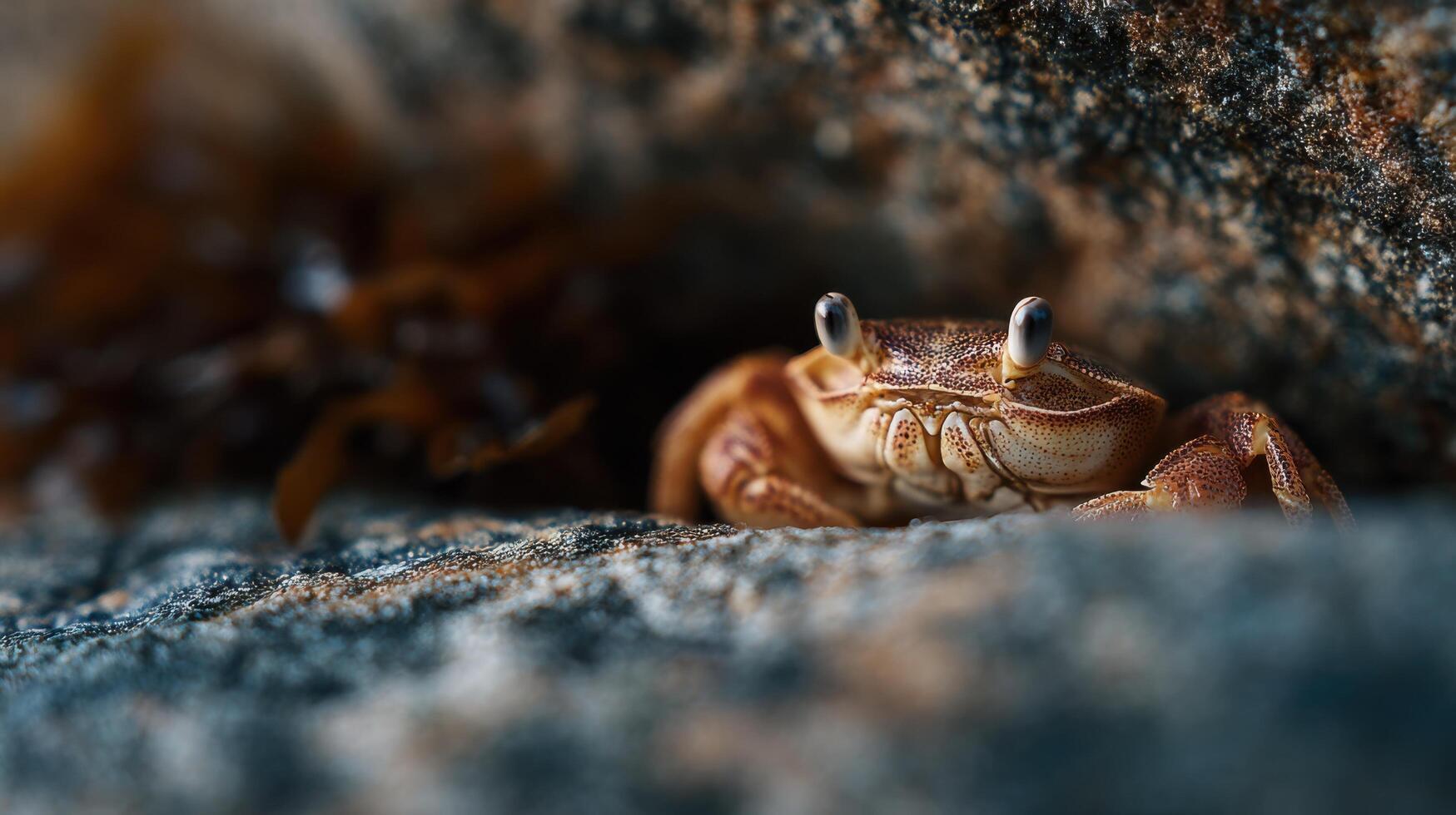 An interested crab peeks out from a tight rock space photo
