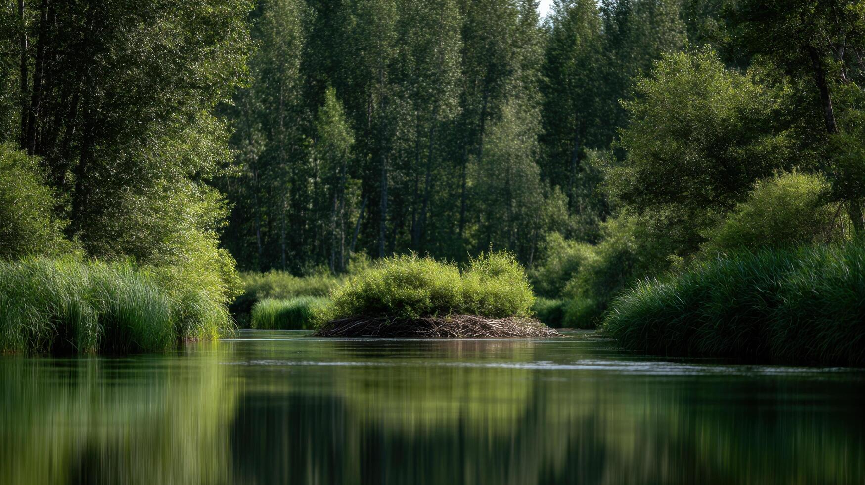 Calm waterway in summertime with a beaver dam lodge structure built photo
