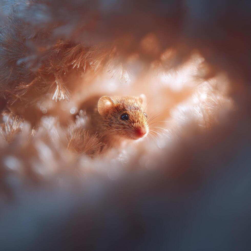 Extreme close up of tiny pollen on a fluffy baby mouses coat photo