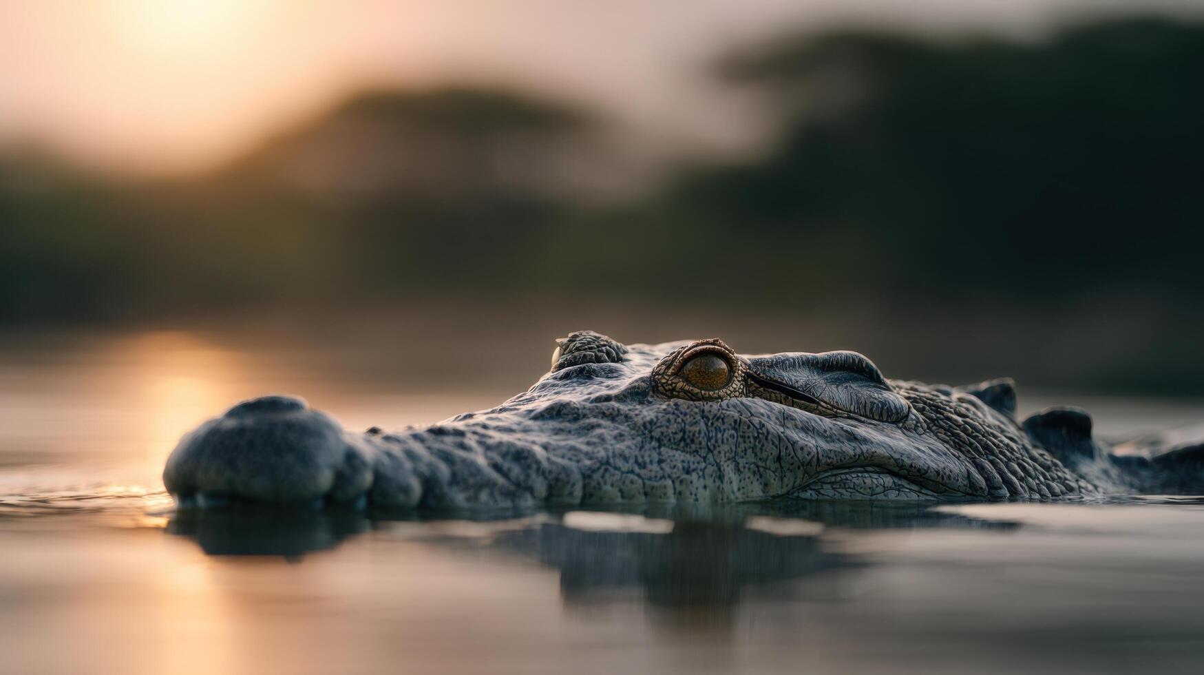 Large River Crocodile Waits Stealthily Semi Submerged In Current photo