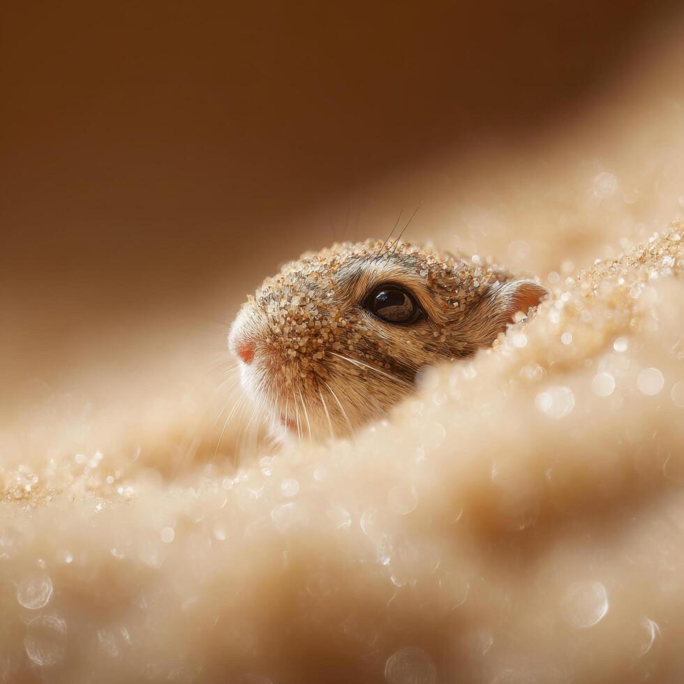 Extreme close up of tiny pollen on fluffy baby degus coat photo