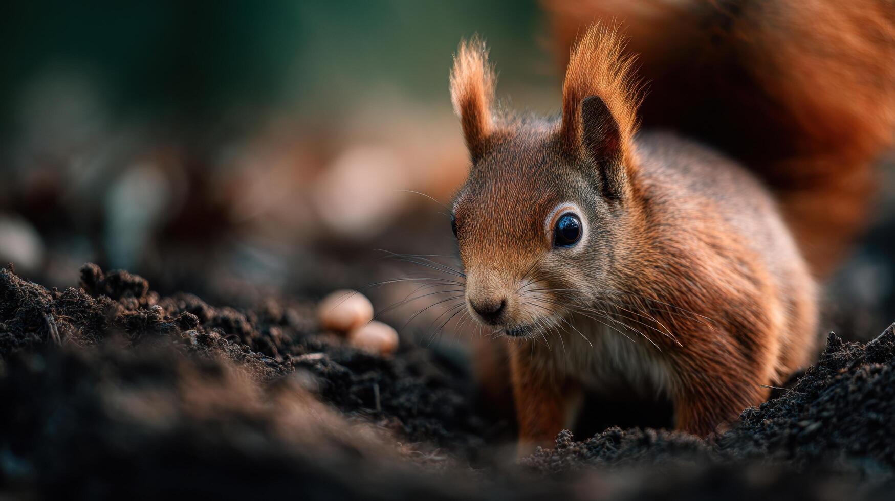 Eurasian Red Squirrel Caches Food In The Rich Forest Dirt photo