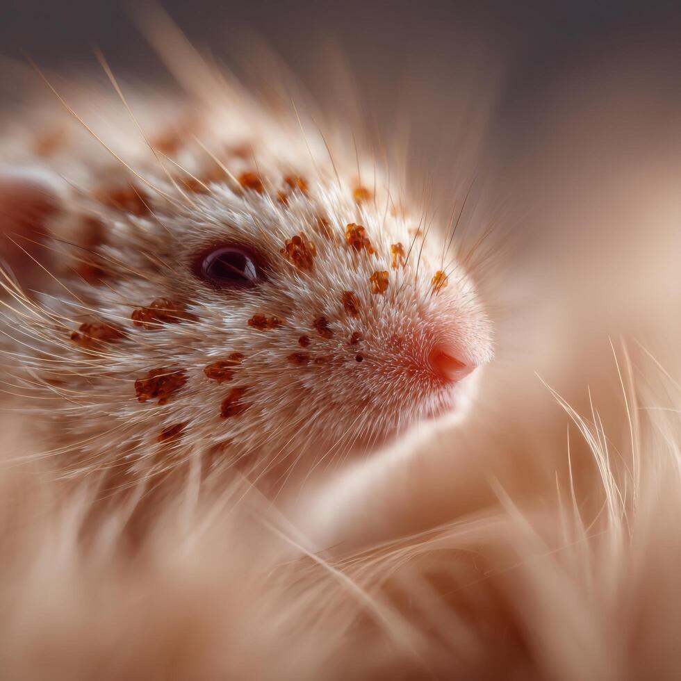 Extreme close up of tiny pollen on a fluffy baby hamsters coat photo