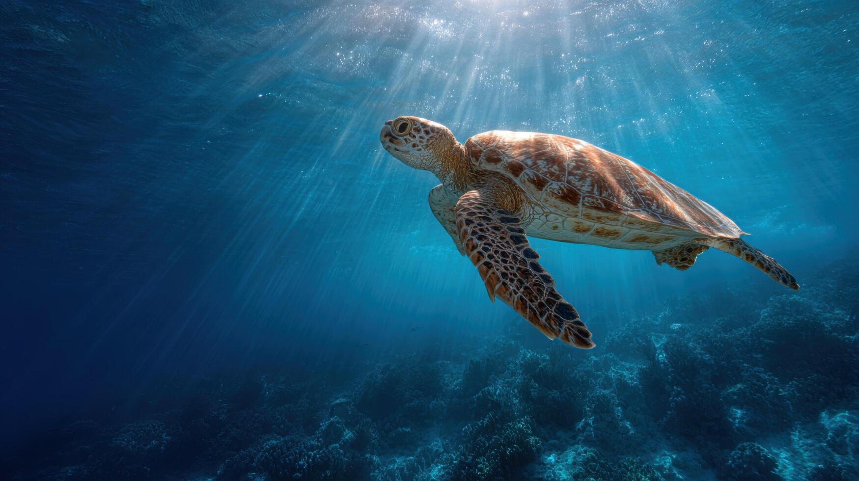Gentle Sea Turtle Navigates Calmly In Sparkling Blue Ocean photo