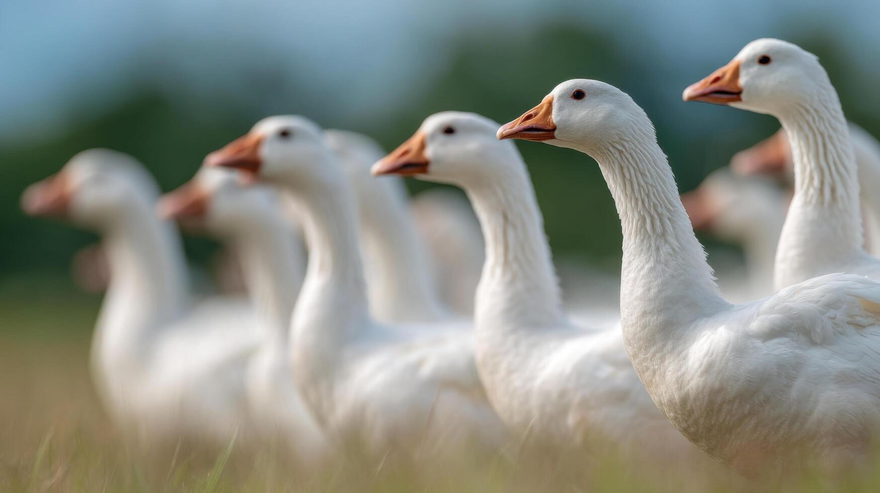 Happy geese marching together spiritedly on a sunny field photo