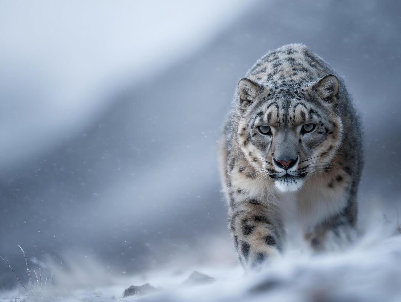 Impressive Elusive Snow Leopard On The Prowl In Snowy Peaks photo
