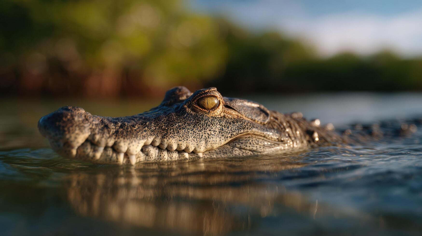Large Estuarine Crocodile Waits Stealthily Semi Submerged In Sea photo