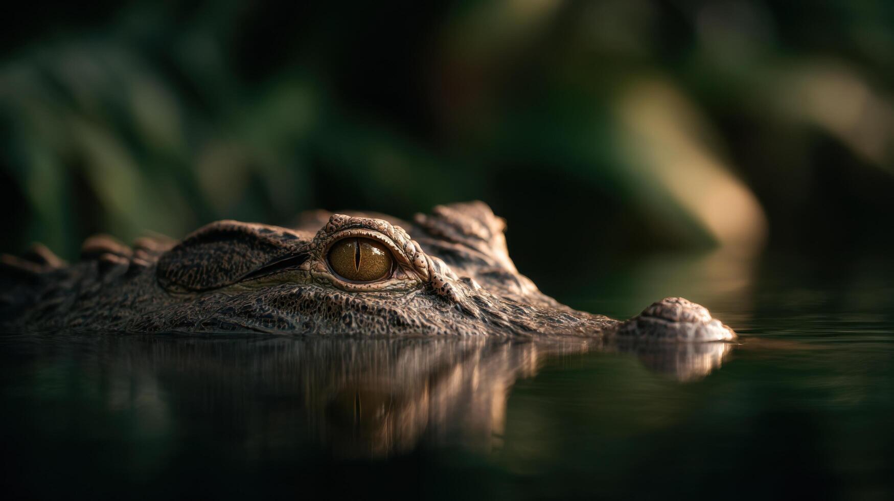 Large Reptile Caiman Waits Stealthily Semi Submerged In Bog photo