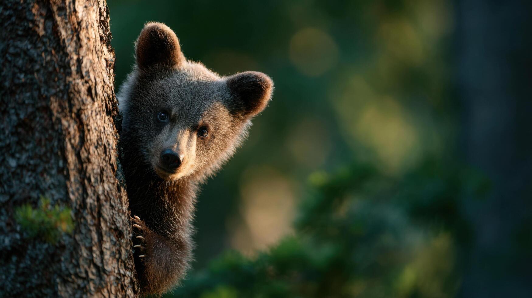 Lively Small Bear Cub Scrambles Up A Sturdy Tree With Ease photo