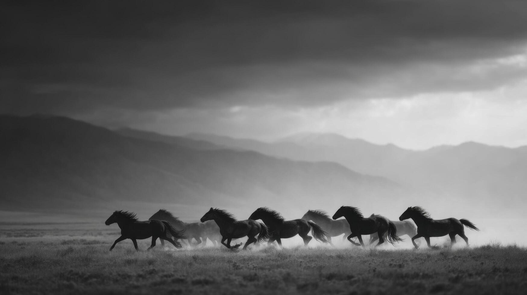 Majestic Wild Stallions And Mares Race Across Flatlands photo