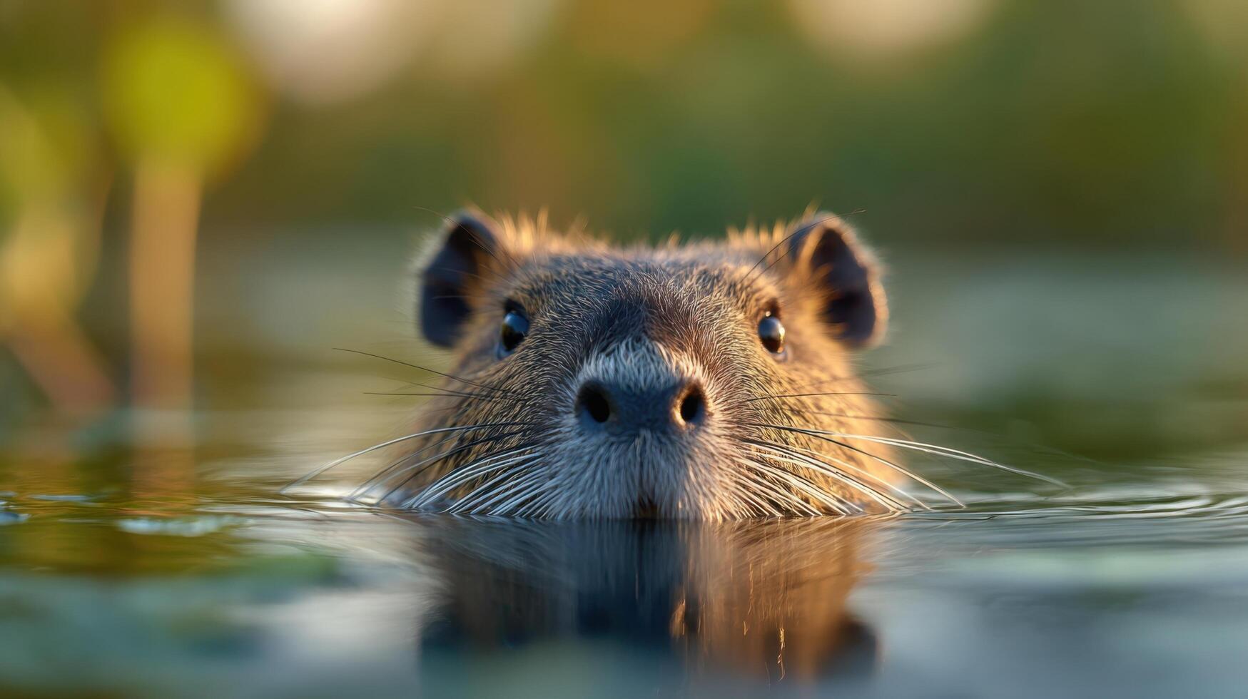 Partially submerged nutria rodent showing curiosity in calm water photo