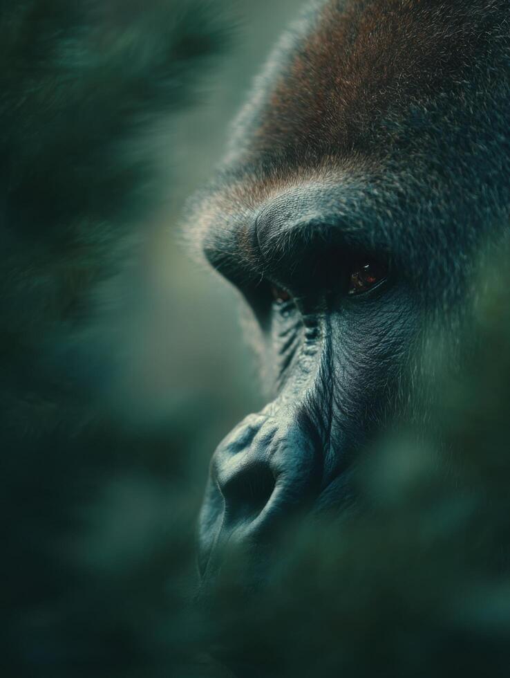 Reserved Primate Gorilla Takes A Quick Glance From Leafy Cover photo