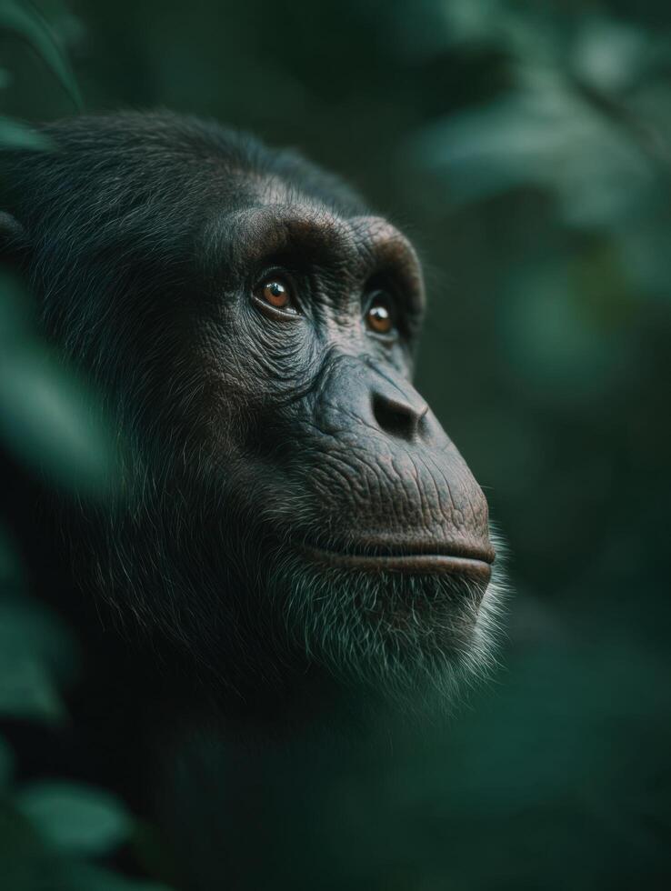 Reserved Ape Chimpanzee Takes A Quick Glance From Plant Hideout photo