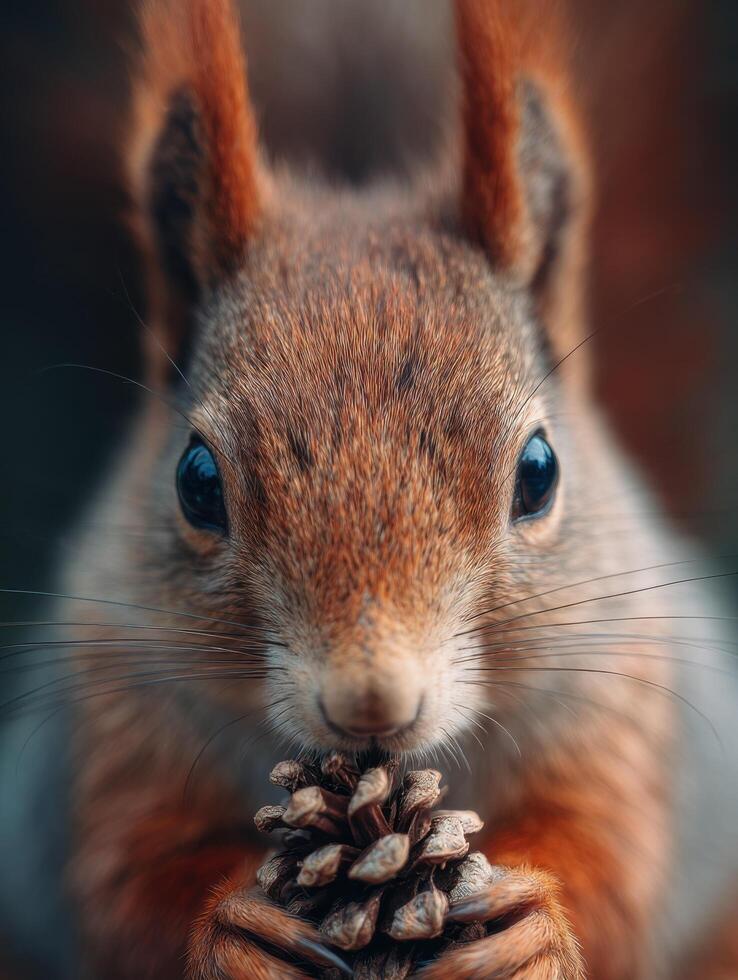 Small alert squirrel with a tasty pinecone its eyes shining brightly photo