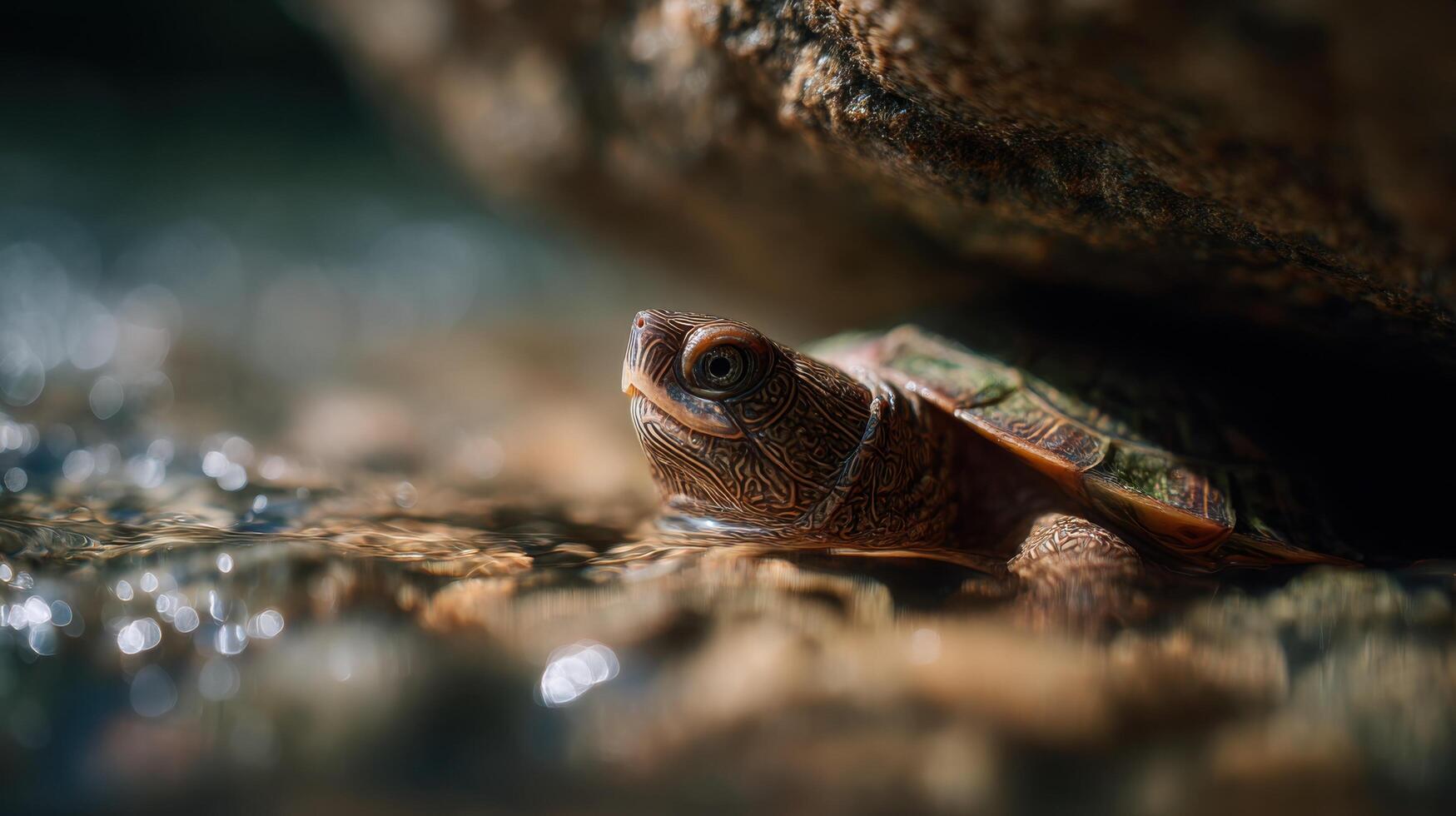Small Freshwater Turtle Remains Hidden Below Flowing Water Stone photo