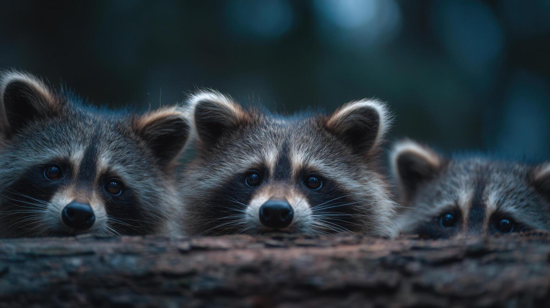 Mother raccoon leads kits from tree log shelter at sundown photo