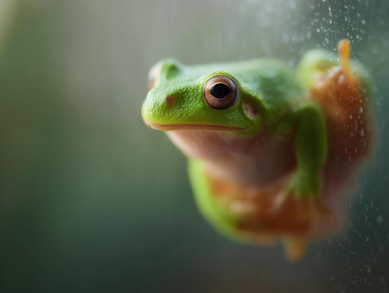 Small Vivid Frog Grips Tightly Onto Smooth Window Panel photo