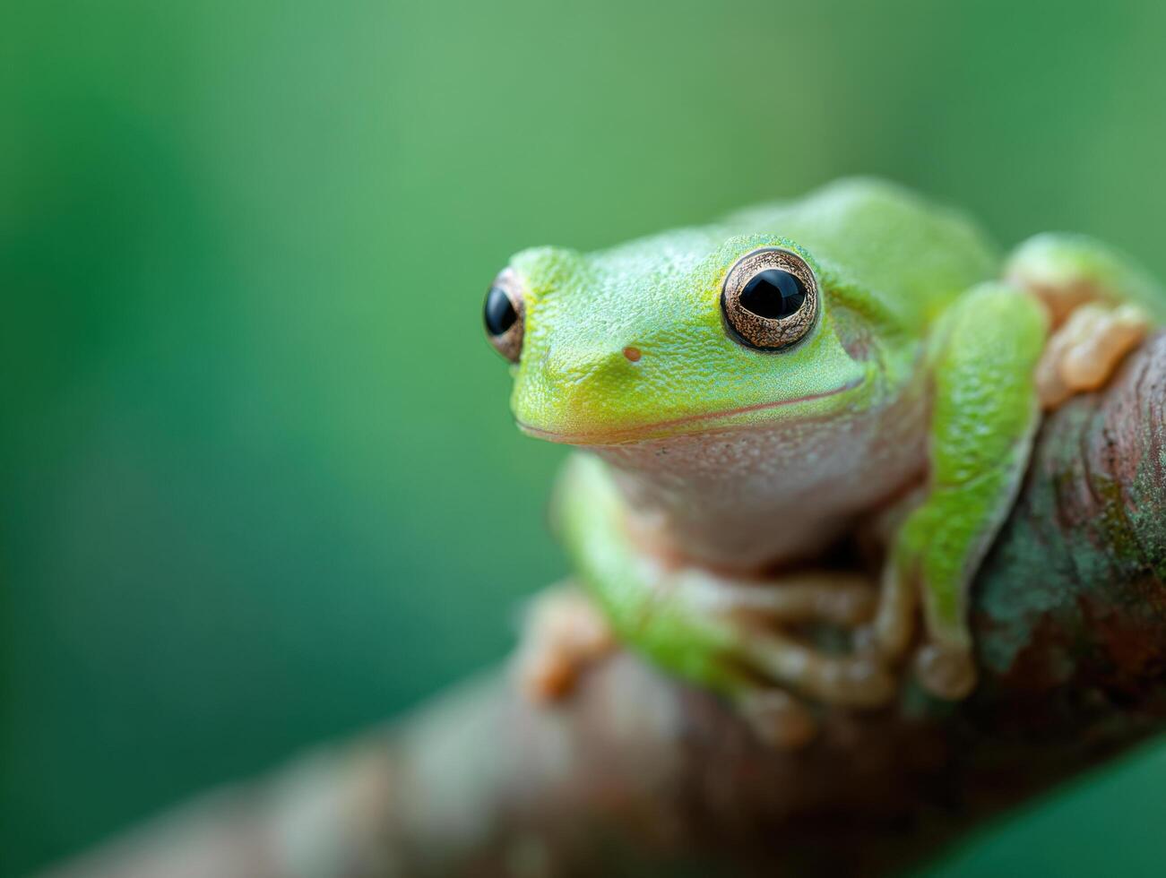Small Vivid Frog Rests Calmly Upon A Thin Tree Branch photo
