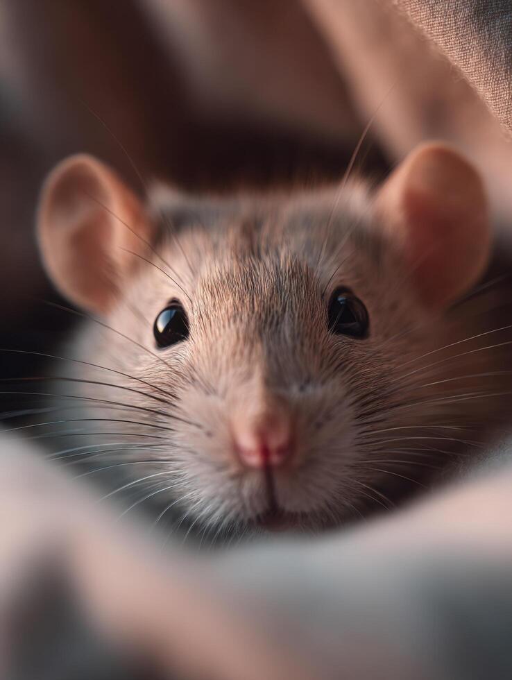 Tiny serene fancy mouse captured in a gentle close up shot now photo