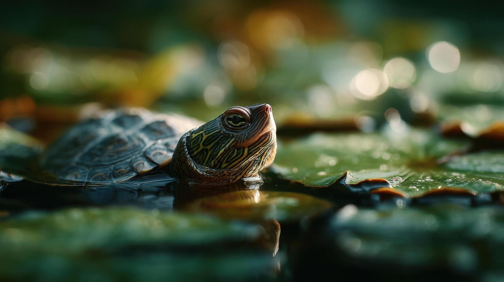 Small Reptile Turtle Remains Hidden Below Broad Lily Pad Surface photo