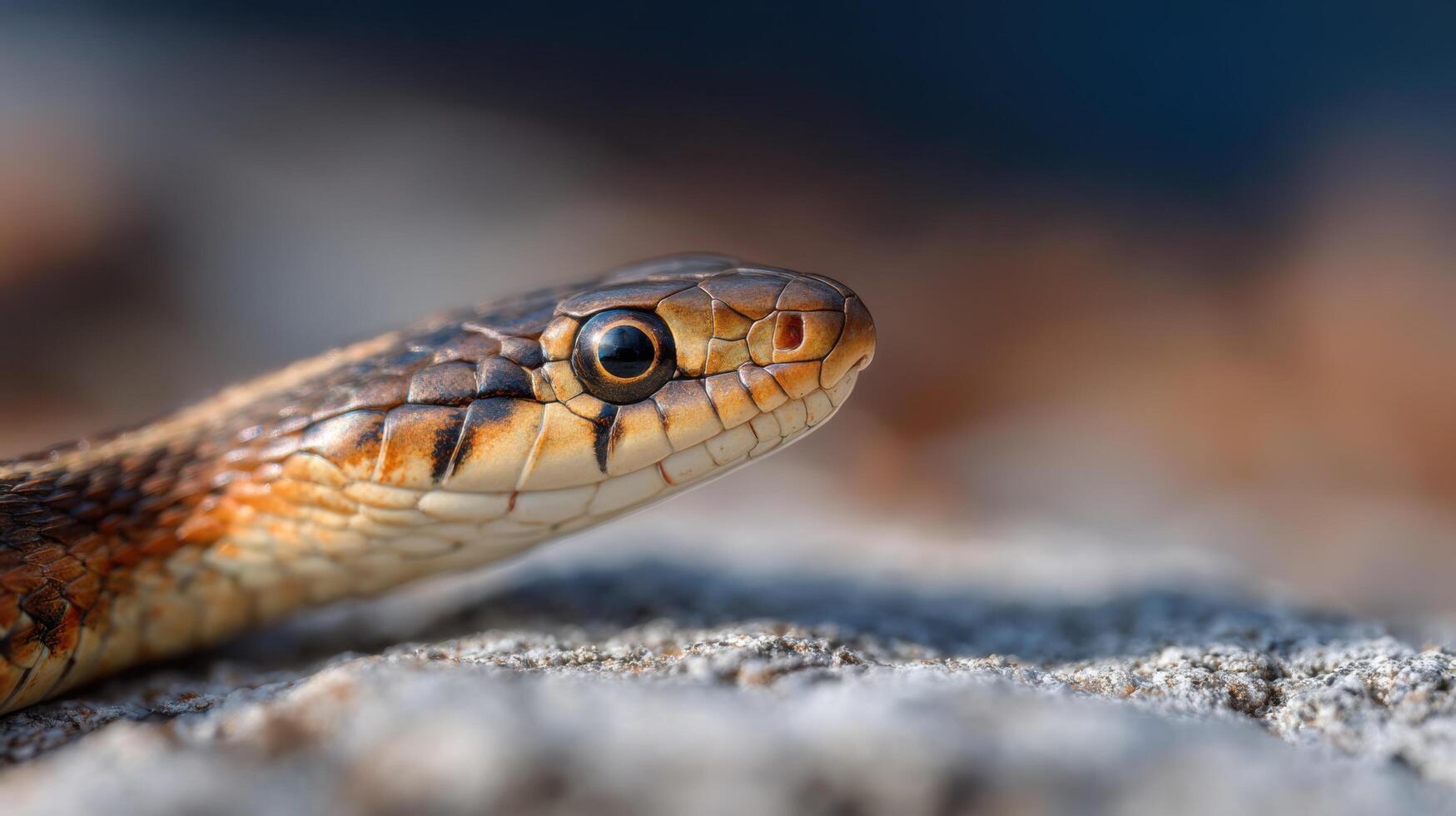 Striped Snake Explores And Sunbathes On A Flat Warm Boulder photo