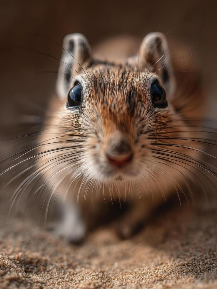 The curious eyes of a gerbil exploring its desert habitat now photo