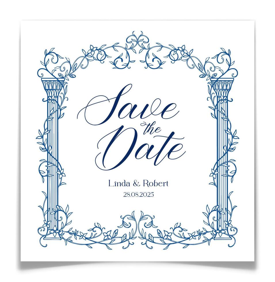 Save the Date Card with Blue Vine Arch and Columns vector