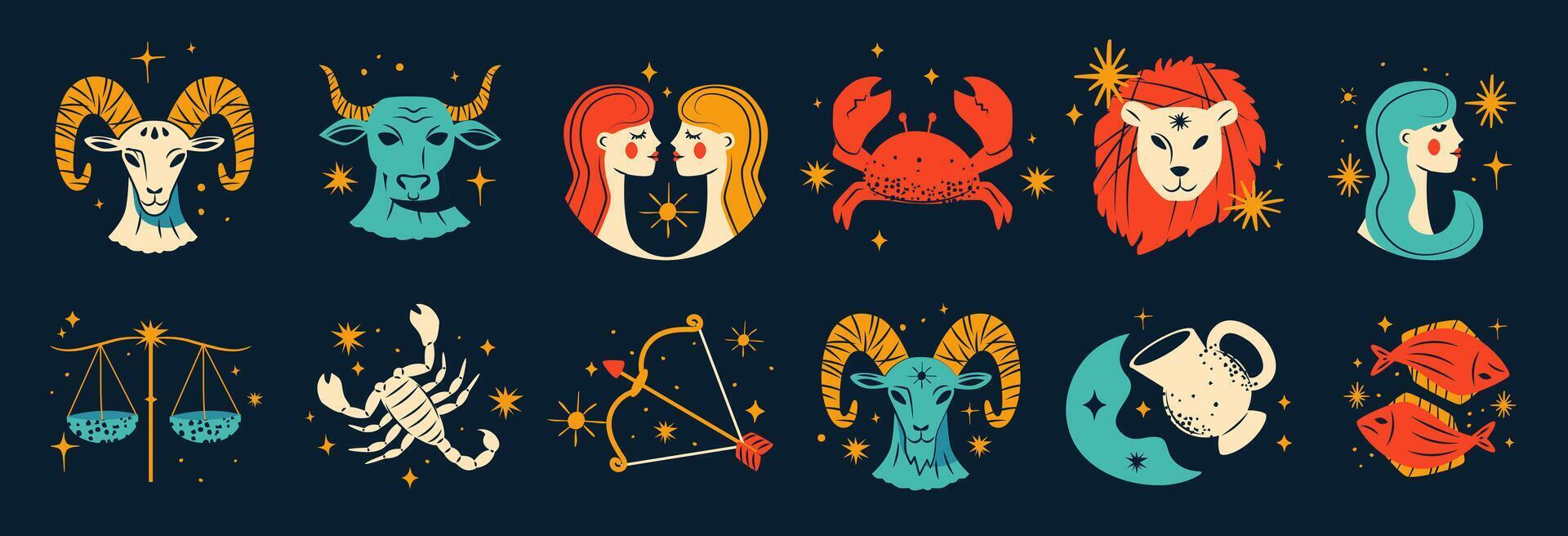 Zodiac signs illustration with symbols and characters vector