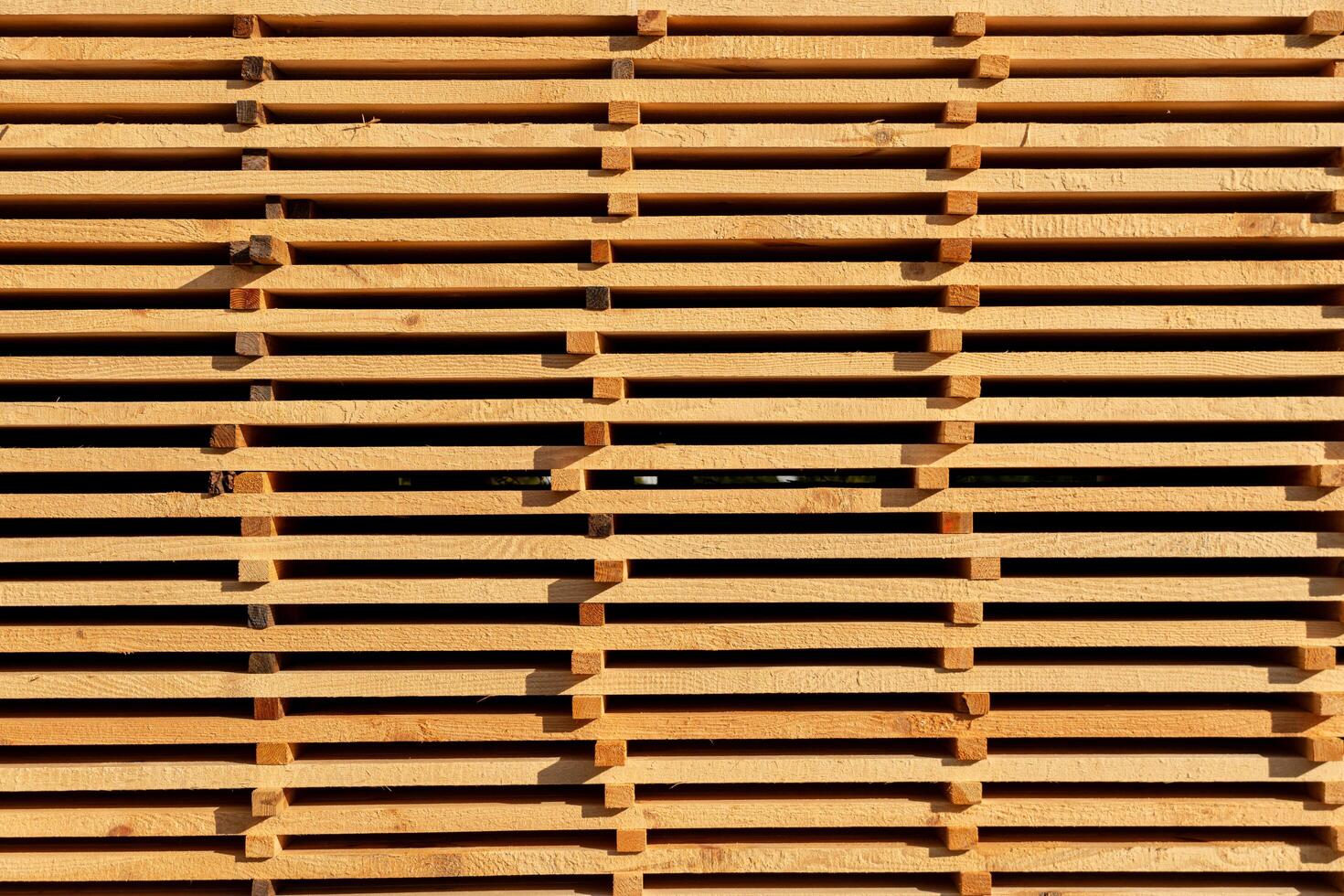 Sawn boards on a sawmill. Drying and storage of wood. Wooden planks close-up. Wooden background photo