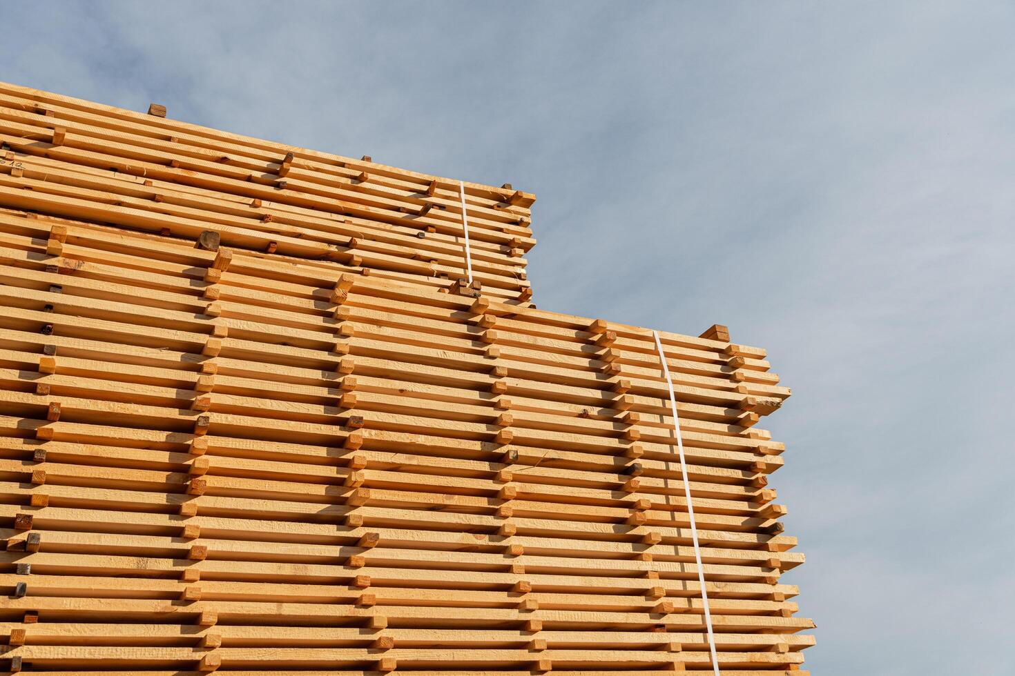 Lumber is stacked on a sawmill. Drying of wooden boards photo