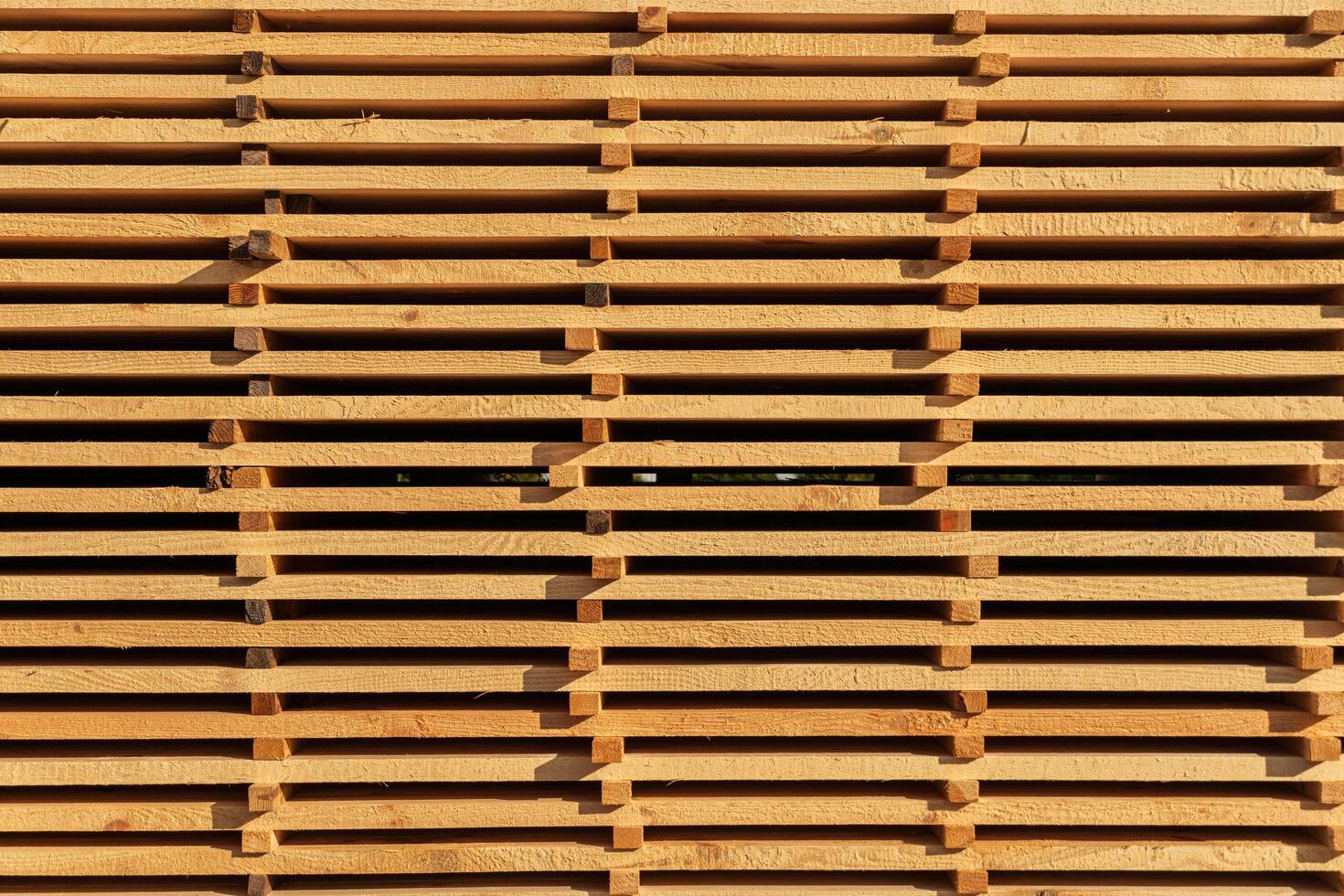 Wood planks. Sawing and air drying of wood. Planks on the sawmill as textures and background photo