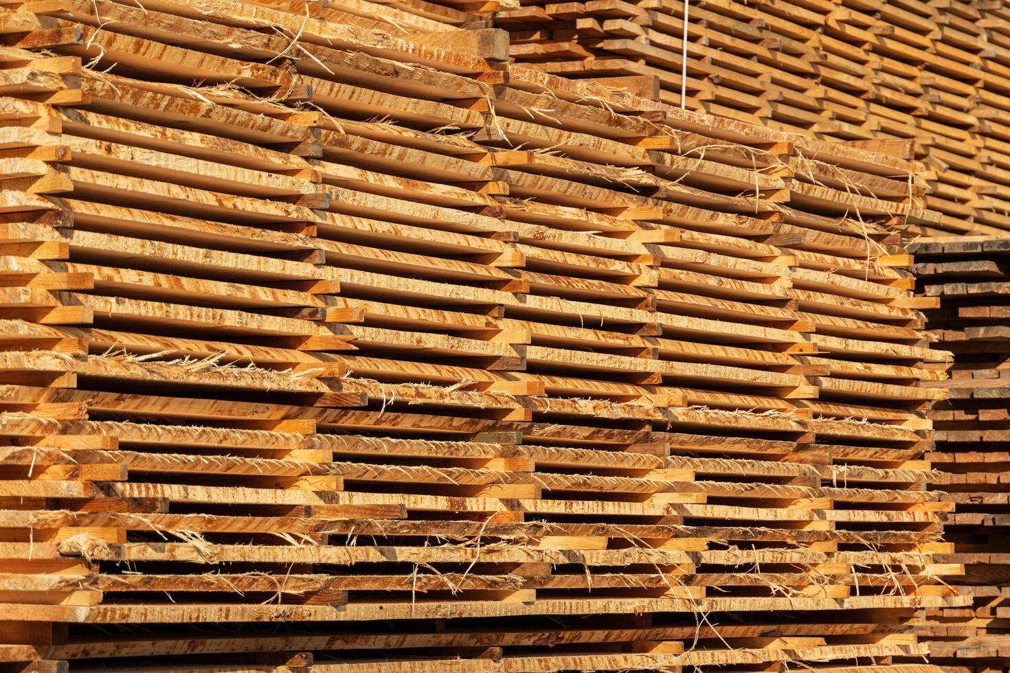 Stack of lumber of a wooden board from a tree. Pile of timber at warehouse storage photo