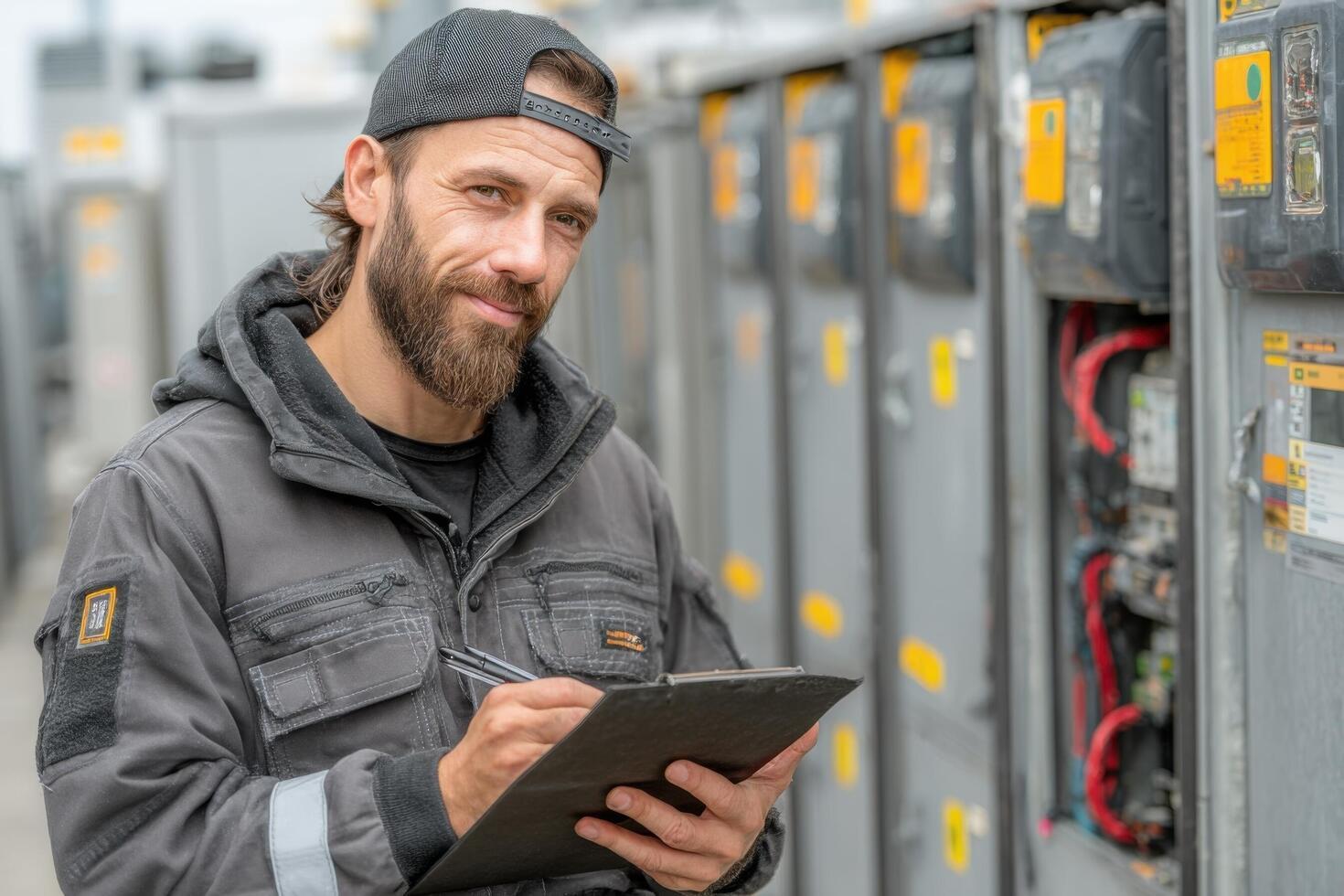 A man with a beard and a cap is standing in front of a power substation photo