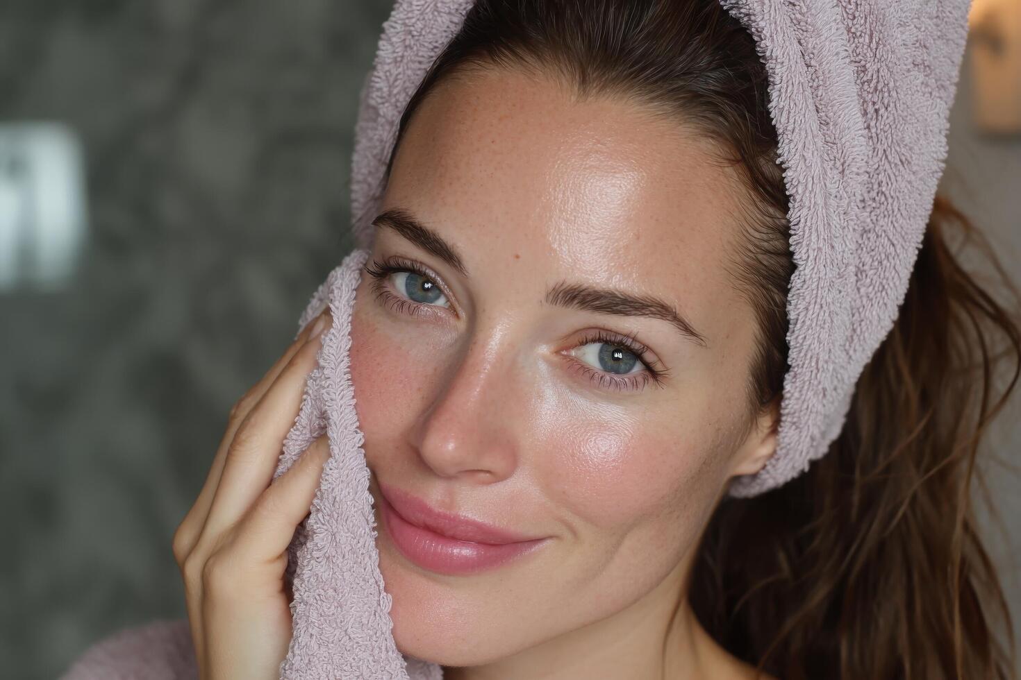 A woman is smiling while wearing a towel photo